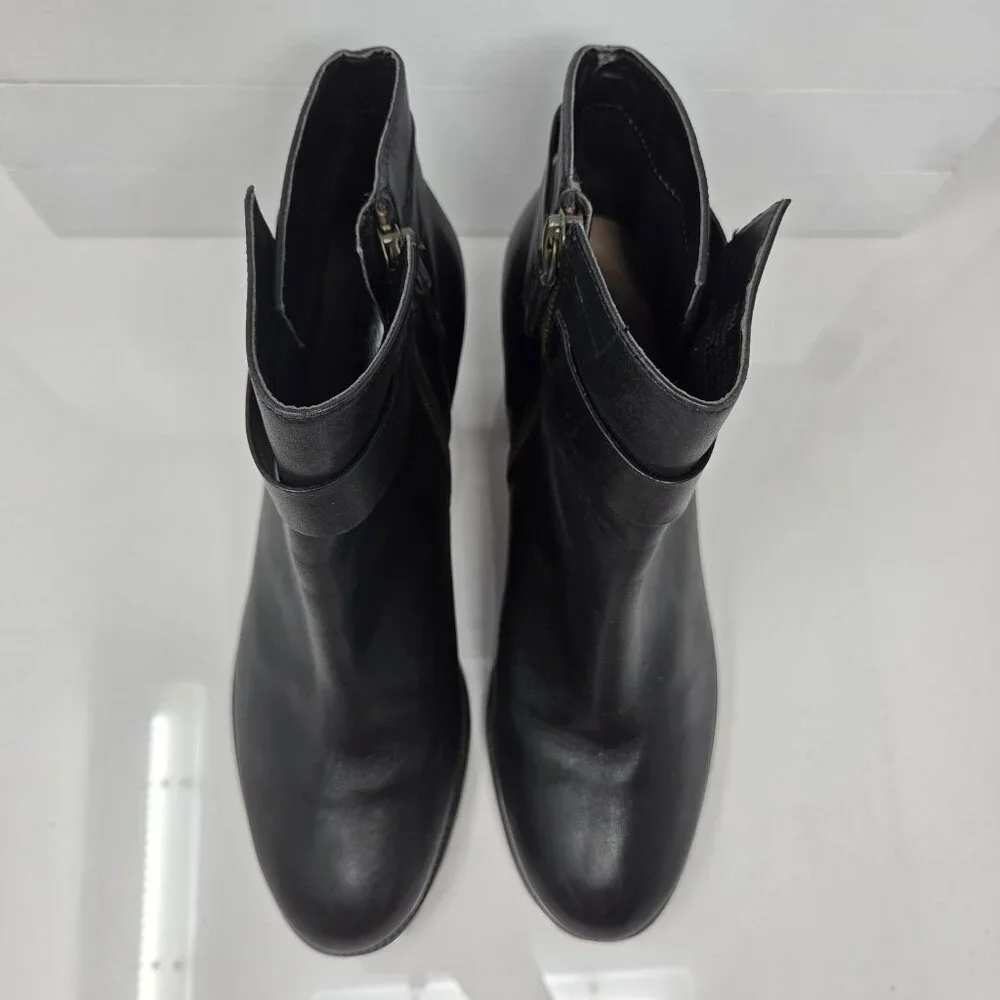 Halogen Womens 8.5 Boots Leather Black Ankle Booties Block Heel Strap Almond Toe